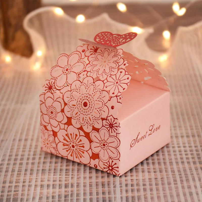 10/20Pcs Pink Butterfly Floral Laser Cut Candy Boxes for Wedding Favors, Birthday Party, Baby Shower – Chocolate Gift Packaging Box for Guests, Foldable Paper Card Box Decorations
