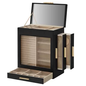 5-Layer Jewelry Organizer Box with Glass Window – Features 3 Side Drawers, Large Mirror, and Ample Storage Space for Rings, Earrings, Necklaces, Bracelets. Modern Design, Ideal for Home or Gift Use.