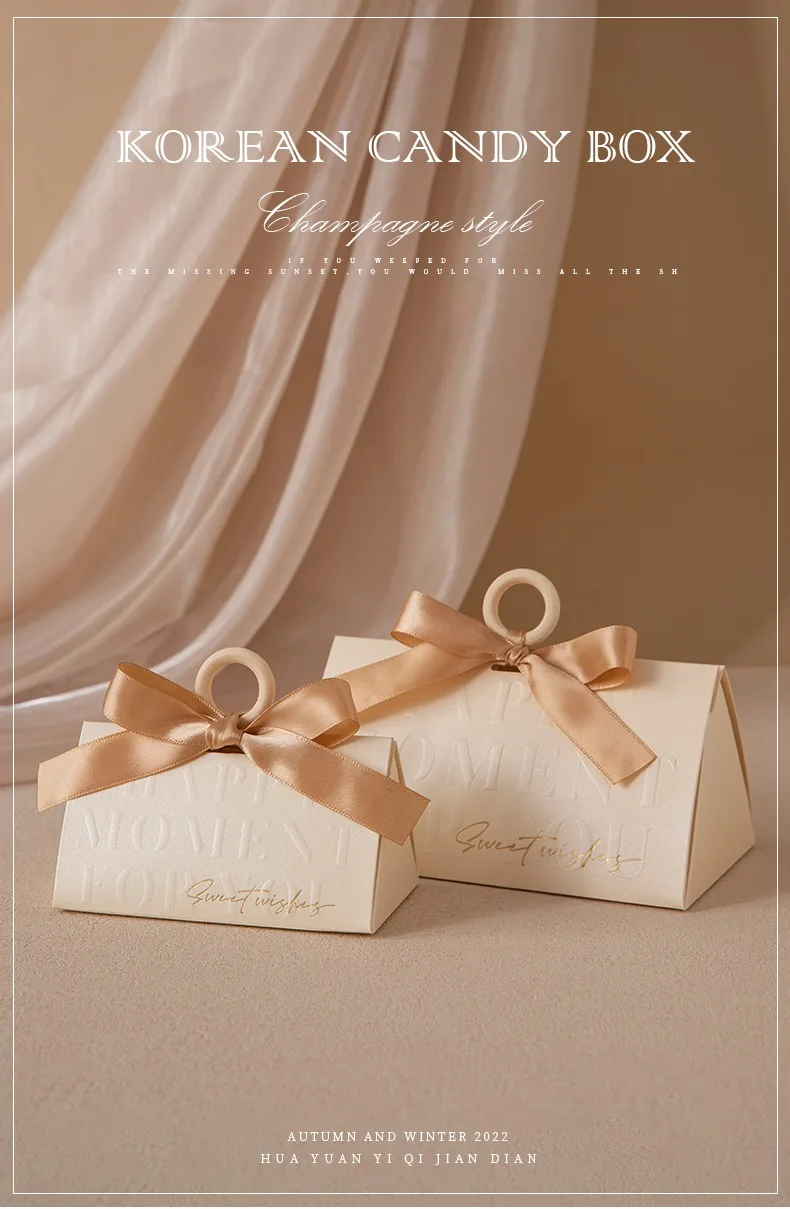 Triangular Champagne Wedding Gift Boxes – Candy Packaging Favor Boxes with Ribbon for Baby Shower, Engagement, Birthday, Party Decoration, Wooden Ring Box Style Design