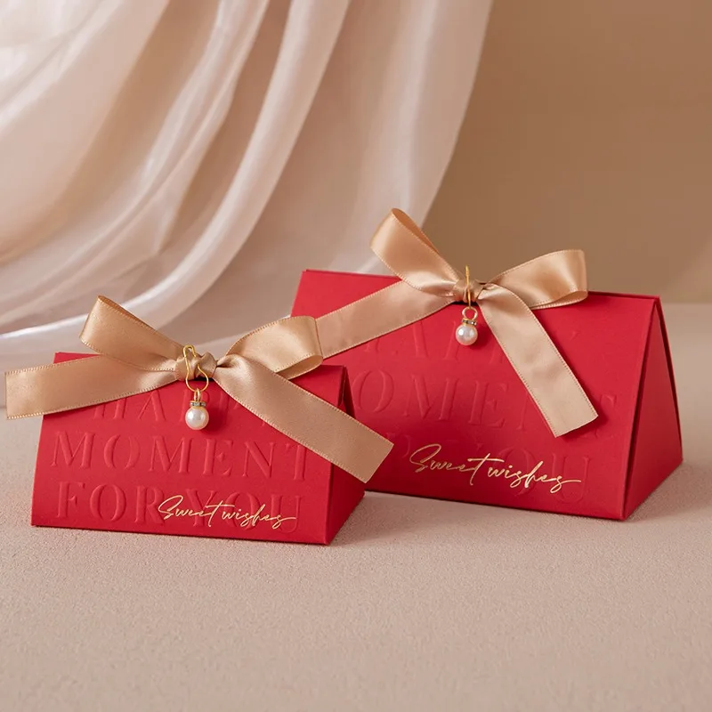 Triangular Champagne Wedding Gift Boxes – Candy Packaging Favor Boxes with Ribbon for Baby Shower, Engagement, Birthday, Party Decoration, Wooden Ring Box Style Design - 图片 13