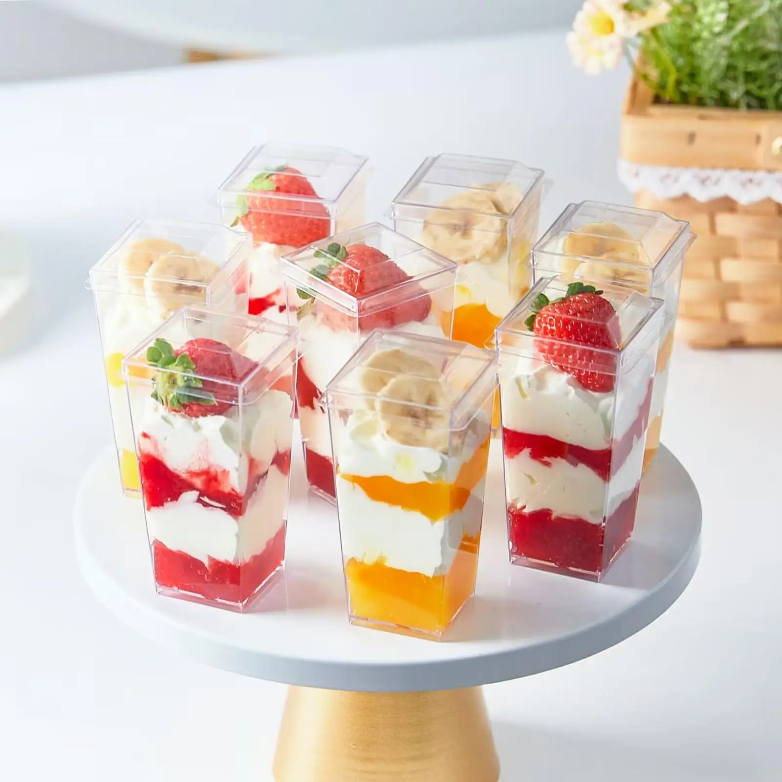 50Pcs 3oz Mini Dessert Cups with Lids and Spoons – Clear Square Plastic Parfait Cups for Appetizers, Pudding, Jello, Cheesecake, Mousse, Shooters – Disposable & Reusable Party Supplies 3