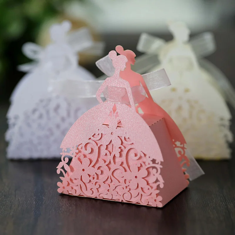 Laser Cut Pearl Paper Gift Boxes with Ribbon – Elegant Candy Chocolate Packaging for Wedding Favors, Engagements, Baby Showers, Birthday Parties, Bridal Showers, and Holiday Celebrations