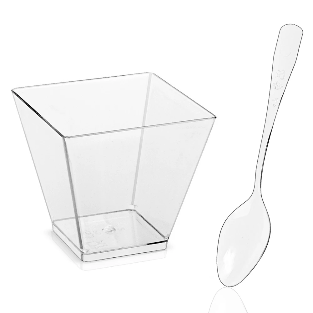 50 Pack 2oz Mini Square Dessert Cups with Spoons – Clear Disposable Plastic Parfait Appetizer Cups for Mousse, Jelly, Ice Cream, Pudding, Tasting Party Supplies 12