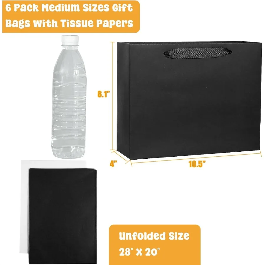Black Gift Bags with Tissue Paper Set - 6 Pack Medium 10.5"x4"x8.1" Kraft Paper Shopping Bags with Ribbon Handles for Takeaway, Retail, Business, Weddings & Special Events - 图片 2
