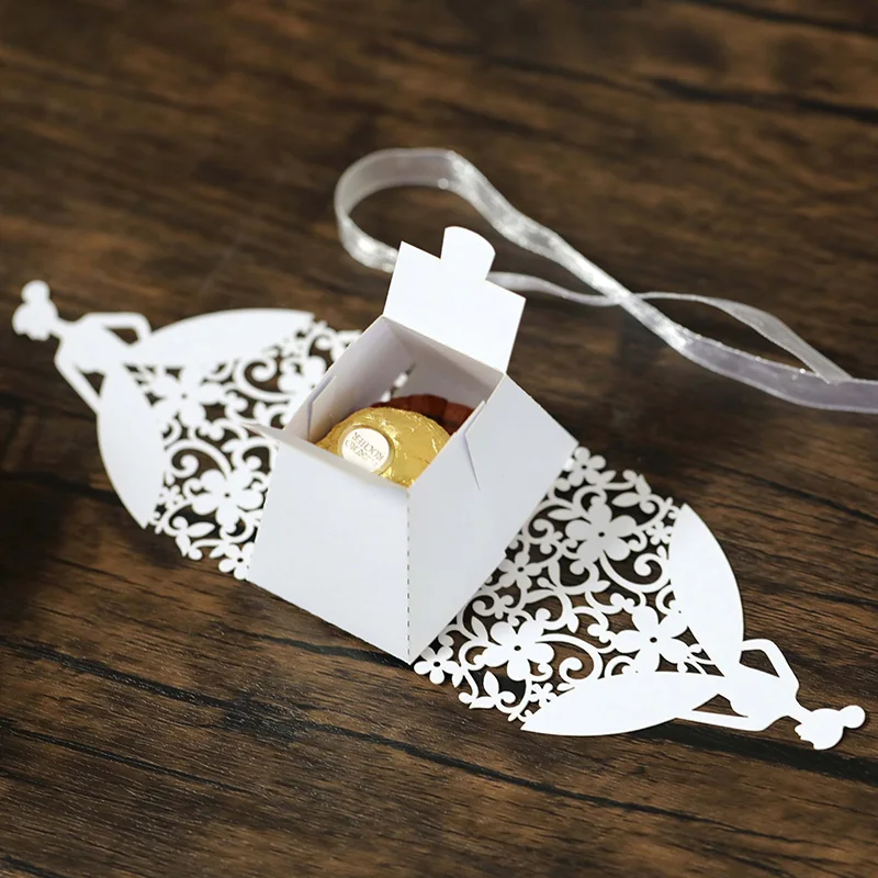 Laser Cut Pearl Paper Gift Boxes with Ribbon – Elegant Candy Chocolate Packaging for Wedding Favors, Engagements, Baby Showers, Birthday Parties, Bridal Showers, and Holiday Celebrations