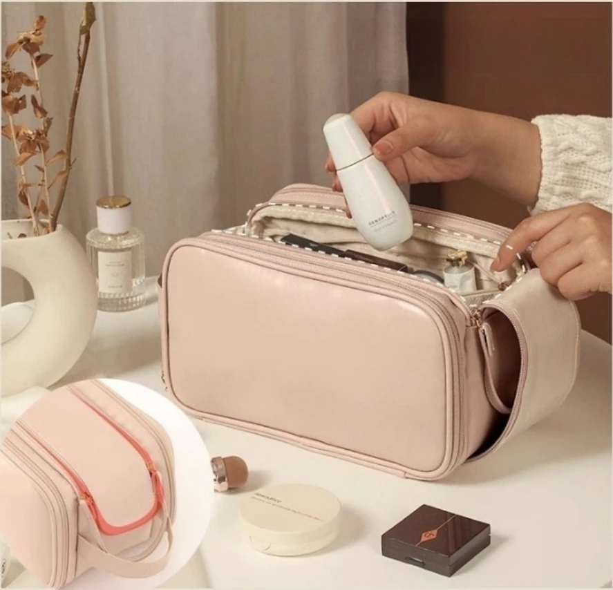 PU Leather Makeup Bag 💄 – Spacious Cosmetic Organizer with Compartments for Travel & Daily Use, Waterproof Toiletry Pouch, Stylish Storage for Skincare & Beauty Tools in Camel, Pink, Black, Houndstooth, White 3