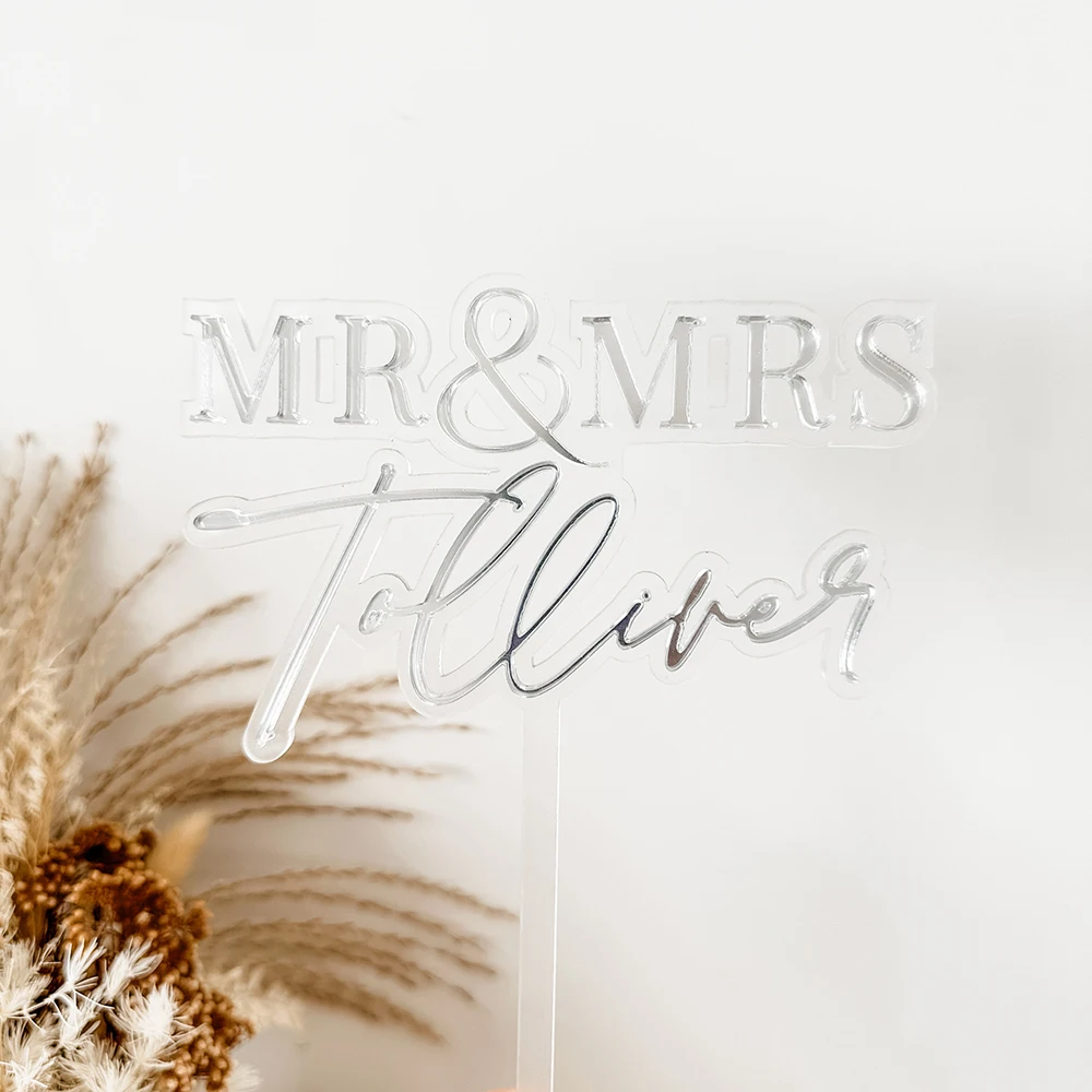 Personalized Mr & Mrs Cake Topper – Custom Name Double Layer Acrylic Sign for Wedding, Anniversary, Engagement, Birthday – Gold, Glitter, Custom Colors Available, Elegant Decoration