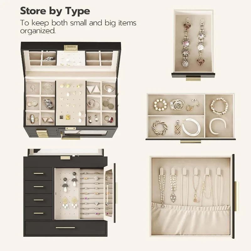 Jewelry Box with Mirror – Large-Capacity Jewelry Organizer Case with Multiple Compartments, Velvet Lining, and Handle for Rings, Necklaces, Earrings, and More – Portable & Elegant Design - 图片 5