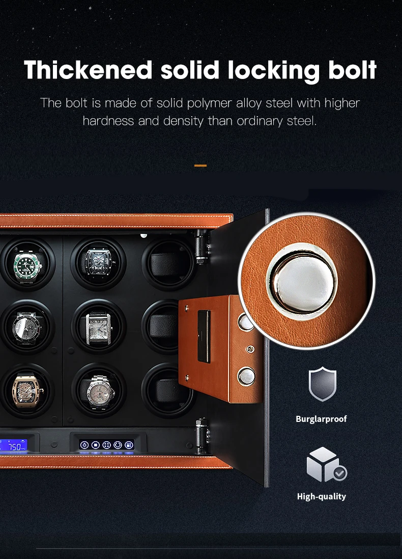 Luxury Automatic Watch Winder Safe Box – 12 Slot Brown Display Case with Quiet Motor, LED Touchscreen, Dual Lock Security, Rotation Settings for Mechanical Watches, Storage Organizer 4