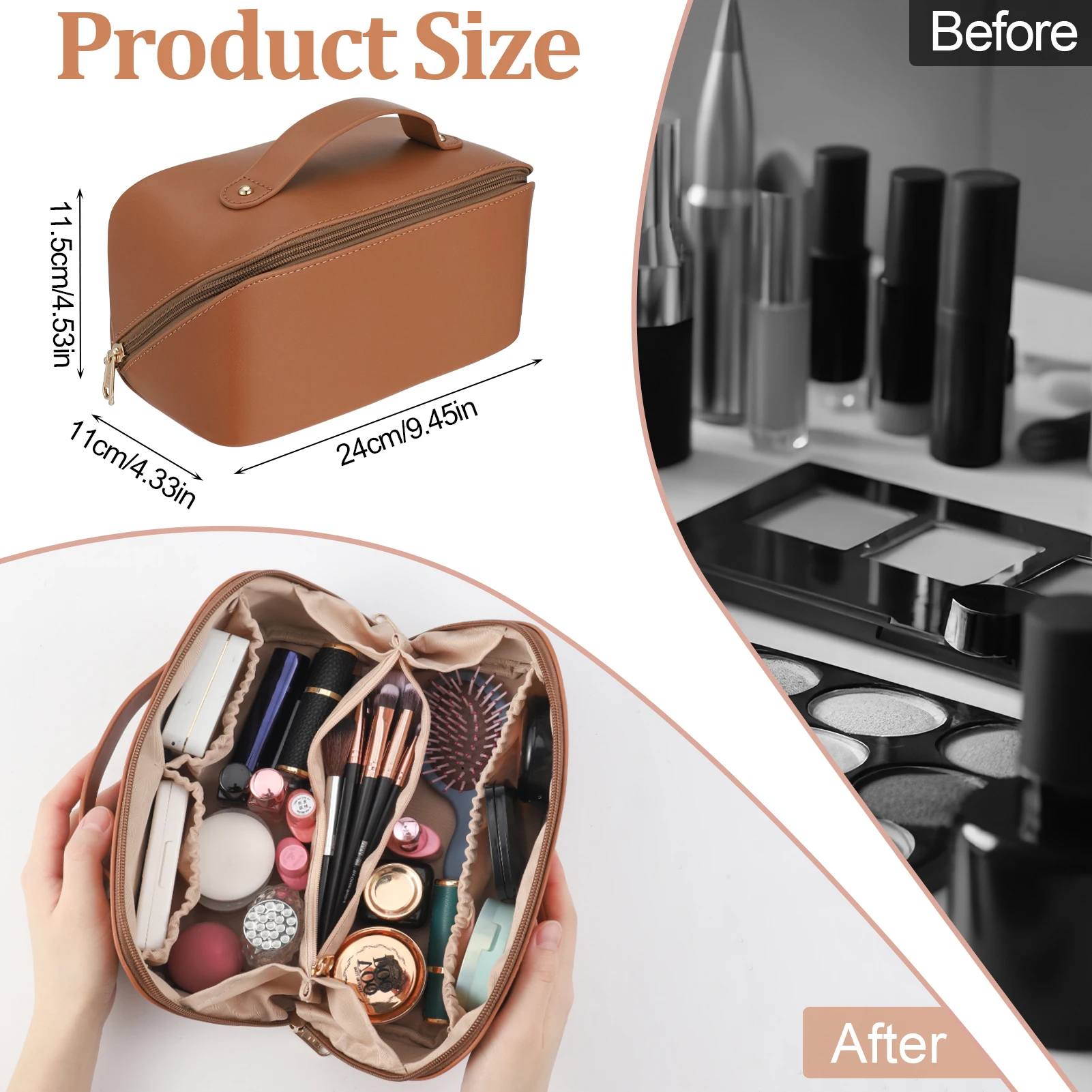 Travel Makeup Bag with Divider & Handle – Waterproof PU Leather Toiletry Organizer for Women – Flat-Opening Large Capacity Cosmetic Case with Inner Pocket – Portable for Travel & Daily Use - 图片 6