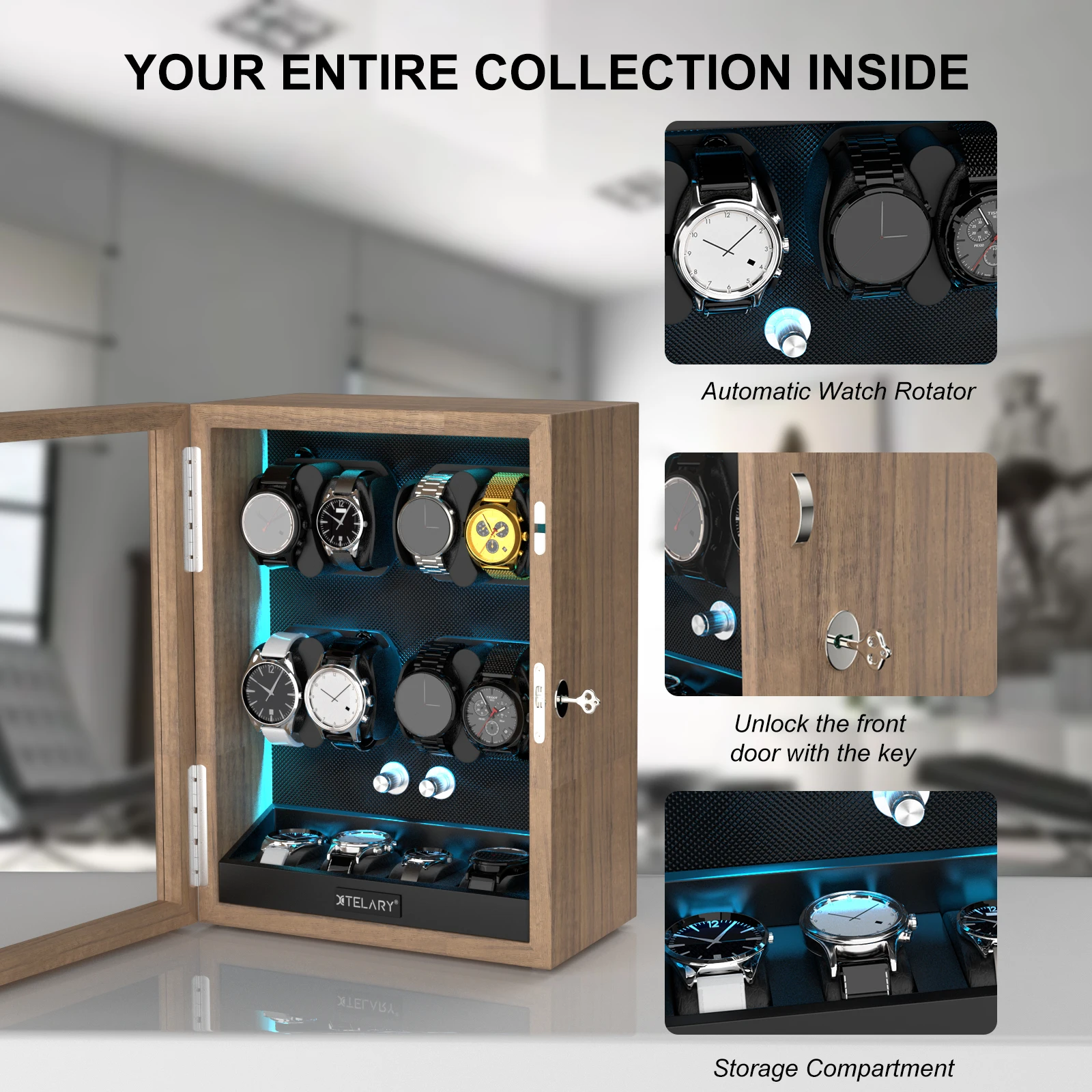 Luxury 8-Watch Automatic Winder with 4 Extra Storage, Aurora Blue LED, Quiet Japanese Motor, 4 Rotation Modes, Lockable Display Case, Flexible Pillows, Wood Grain Finish 4