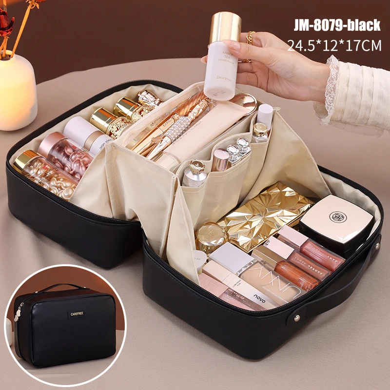 PU Leather Waterproof Cosmetic Bag with Compartments – Large Capacity Makeup Organizer for Travel, Toiletries, Brushes & Skincare – Portable Multifunctional Wash Pouch - 图片 10