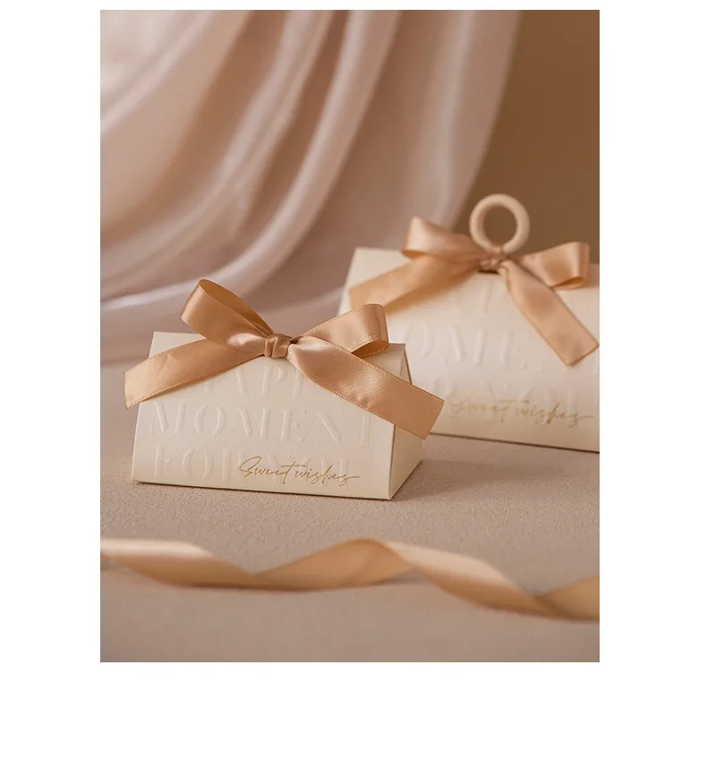 Triangular Champagne Wedding Gift Boxes – Candy Packaging Favor Boxes with Ribbon for Baby Shower, Engagement, Birthday, Party Decoration, Wooden Ring Box Style Design 8