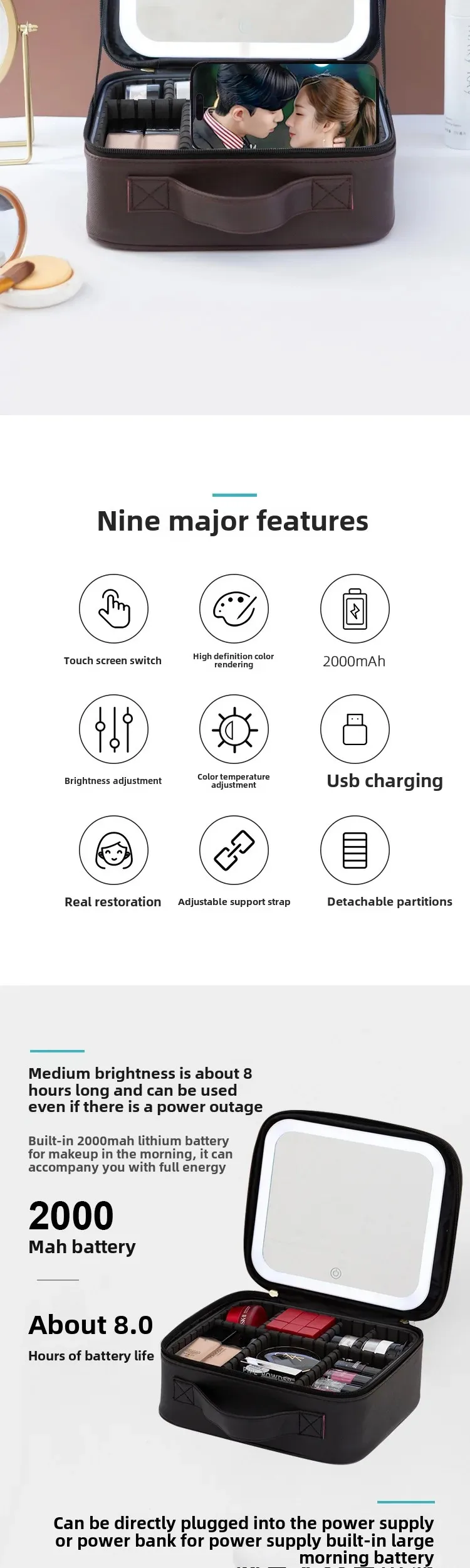 LED Lighted Travel Makeup Bag with Mirror – Portable Cosmetic Storage Case with USB Charging, Jewelry Organizer, Customizable Display Box for Vanity, Travel, and Gifts 2