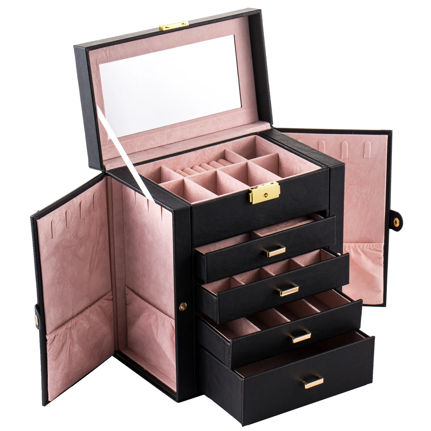Lockable Synthetic Leather Jewelry Box – Large Capacity Organizer with Mirror for Watches, Rings, Earrings, Necklaces; Elegant Black Case Ideal for Gift or Personal Use, Stylish and Functional. - 图片 3