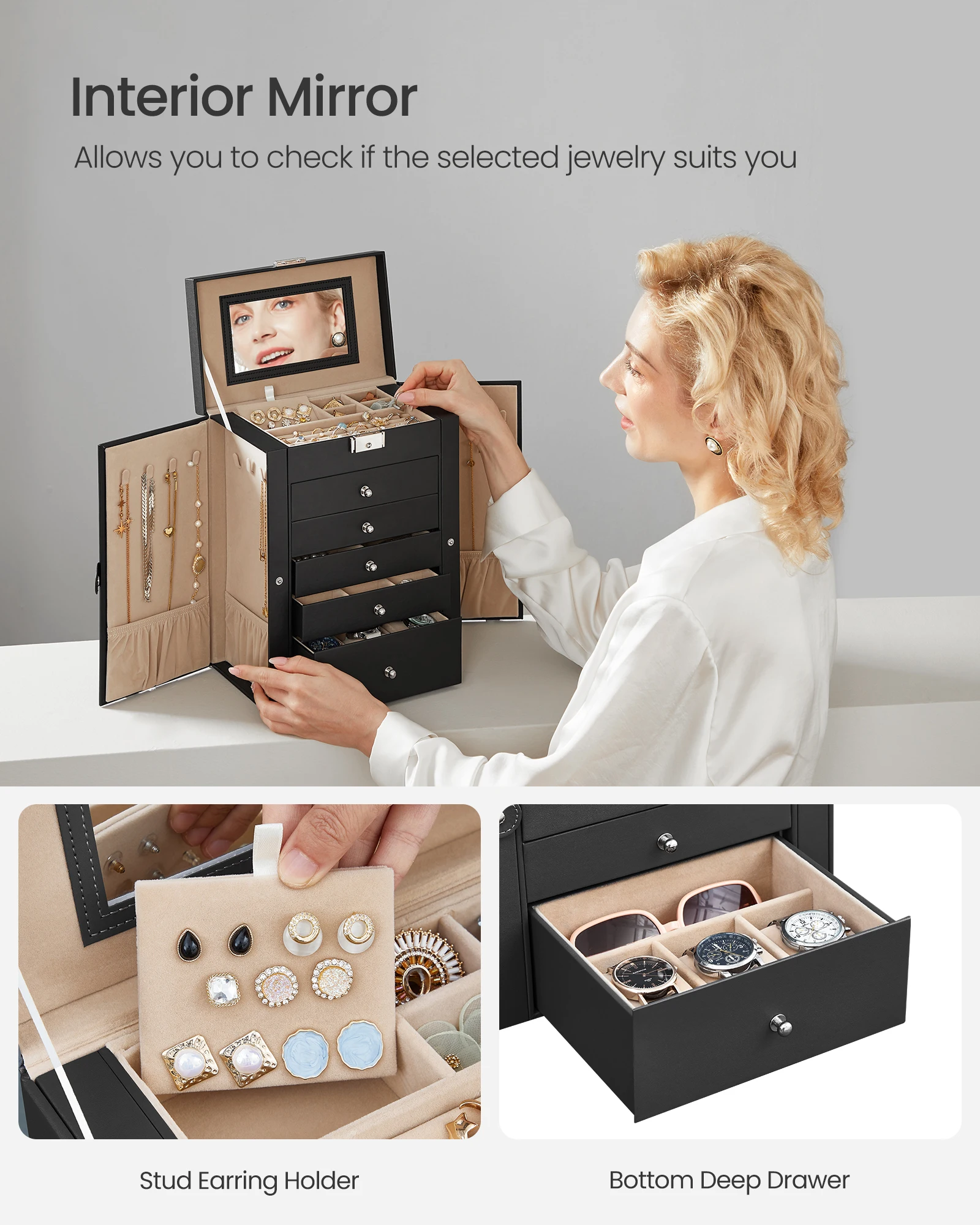 6-Tier Lockable Jewelry Box – Large Capacity Organizer with 5 Drawers, Built-In Mirror, Ideal for Storing Rings, Earrings, Necklaces, Bracelets & More. Elegant Design for Home or Gift Use. 3