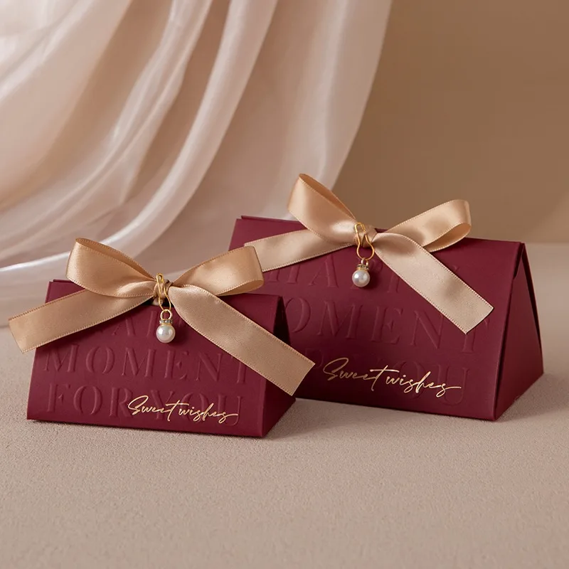 Triangular Champagne Wedding Gift Boxes – Candy Packaging Favor Boxes with Ribbon for Baby Shower, Engagement, Birthday, Party Decoration, Wooden Ring Box Style Design - 图片 23