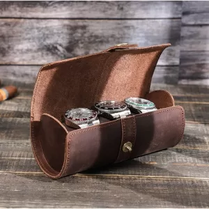 Crazy Horse Leather Watch Roll Case – Travel Watch Organizer for 2/3/4 Slots, Hand-Stitched Genuine Leather Storage for Men’s Watches – Portable Vintage Style Watch Holder Gift Box