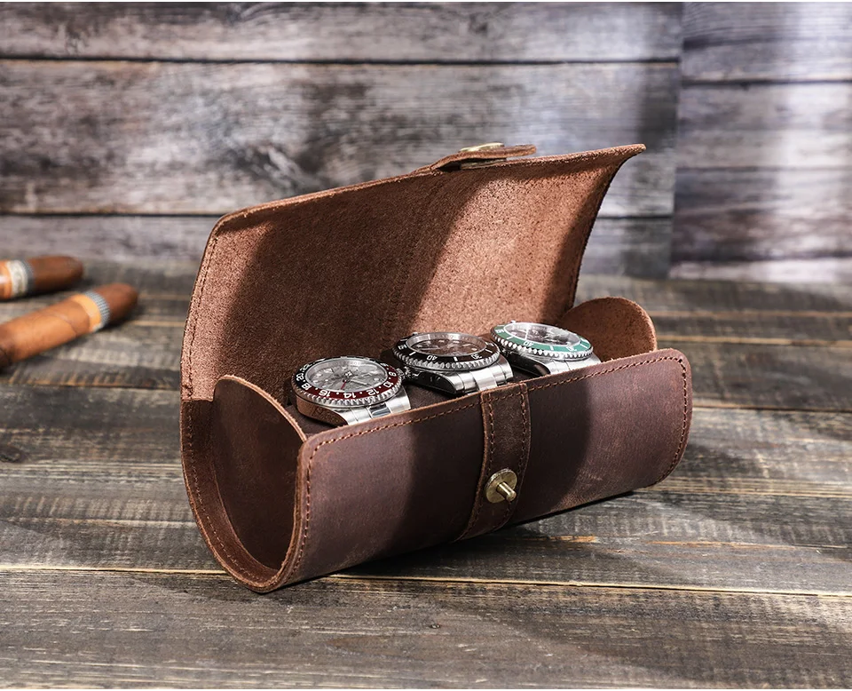 Crazy Horse Leather Watch Roll Case – Travel Watch Organizer for 2/3/4 Slots, Hand-Stitched Genuine Leather Storage for Men’s Watches – Portable Vintage Style Watch Holder Gift Box