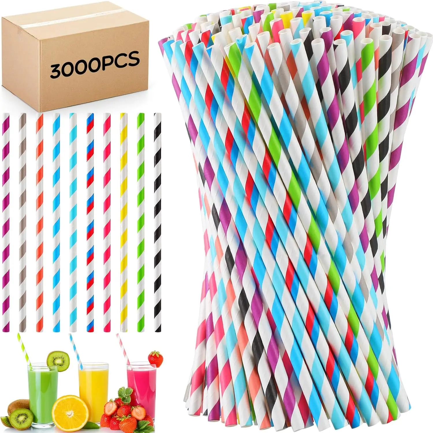 Bulk Colored Paper Straws – 7.87" disposable striped straws for juice, milkshakes, cocktails, and summer drinks. Eco-friendly, vibrant, and perfect for parties, events, or everyday use.