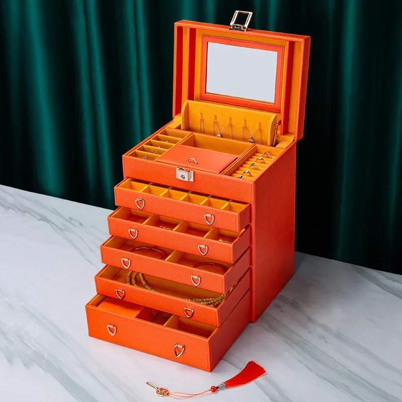 Double-Layer Leather Jewelry Box with Lock – 6-Tier Luxury Organizer for Rings, Necklaces, Earrings & Watches – Multi-Functional Storage Case with Mirror & Key, Ideal for Gifting & Display Use - 图片 8