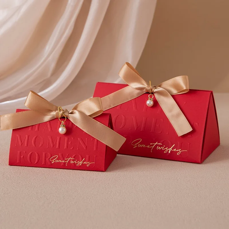Triangular Champagne Wedding Gift Boxes – Candy Packaging Favor Boxes with Ribbon for Baby Shower, Engagement, Birthday, Party Decoration, Wooden Ring Box Style Design - 图片 5
