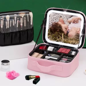 LED Lighted Travel Makeup Bag with Mirror – Portable Cosmetic Storage Case with USB Charging, Jewelry Organizer, Customizable Display Box for Vanity, Travel, and Gifts