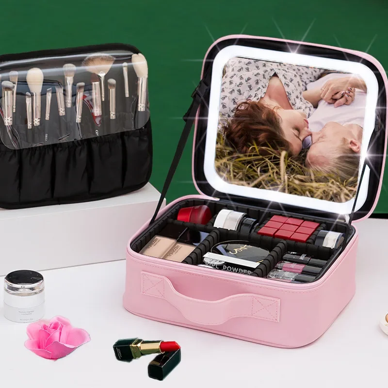 LED Lighted Travel Makeup Bag with Mirror – Portable Cosmetic Storage Case with USB Charging, Jewelry Organizer, Customizable Display Box for Vanity, Travel, and Gifts