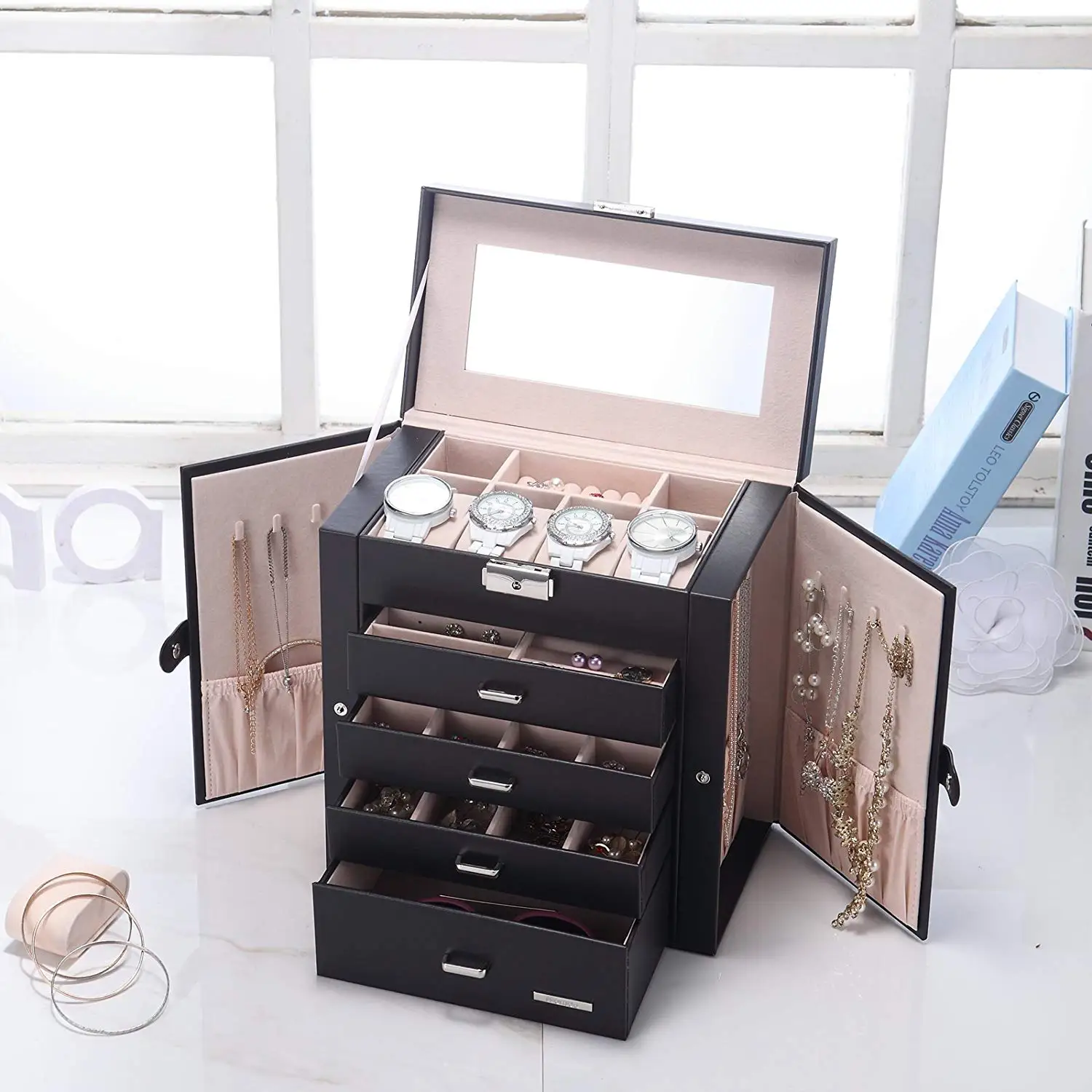 Lockable Synthetic Leather Jewelry Box – Large Capacity Organizer with Mirror for Watches, Rings, Earrings, Necklaces; Elegant Black Case Ideal for Gift or Personal Use, Stylish and Functional.