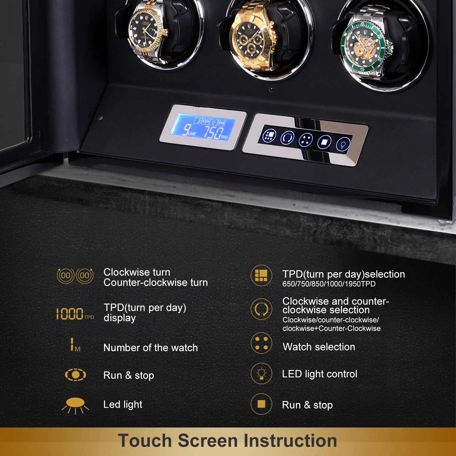 24-Slot Automatic Watch Winder with LCD Touchscreen, Remote Control, Ultra-Quiet Japanese Mabuchi Motors, Piano Finish, Lockable Display Case, LED Lighting, Adjustable TPD & Rotation 3