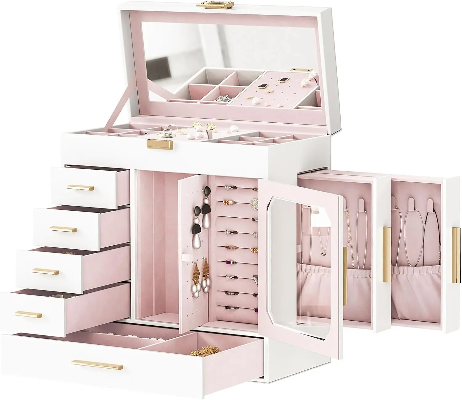 Jewelry Box with Mirror – Large-Capacity Jewelry Organizer Case with Multiple Compartments, Velvet Lining, and Handle for Rings, Necklaces, Earrings, and More – Portable & Elegant Design - 图片 7