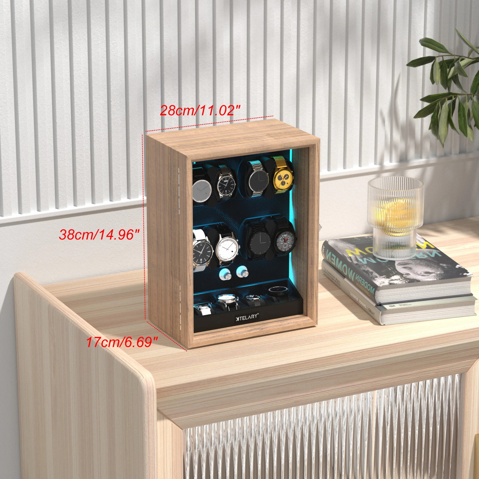 Luxury 8-Watch Automatic Winder with 4 Extra Storage, Aurora Blue LED, Quiet Japanese Motor, 4 Rotation Modes, Lockable Display Case, Flexible Pillows, Wood Grain Finish - 图片 3