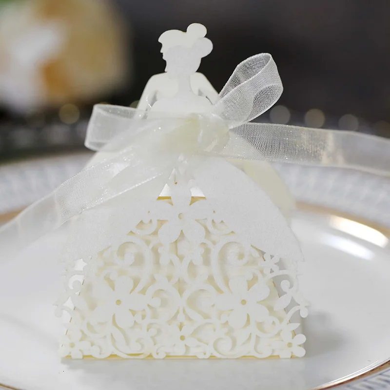 Laser Cut Pearl Paper Gift Boxes with Ribbon – Elegant Candy Chocolate Packaging for Wedding Favors, Engagements, Baby Showers, Birthday Parties, Bridal Showers, and Holiday Celebrations