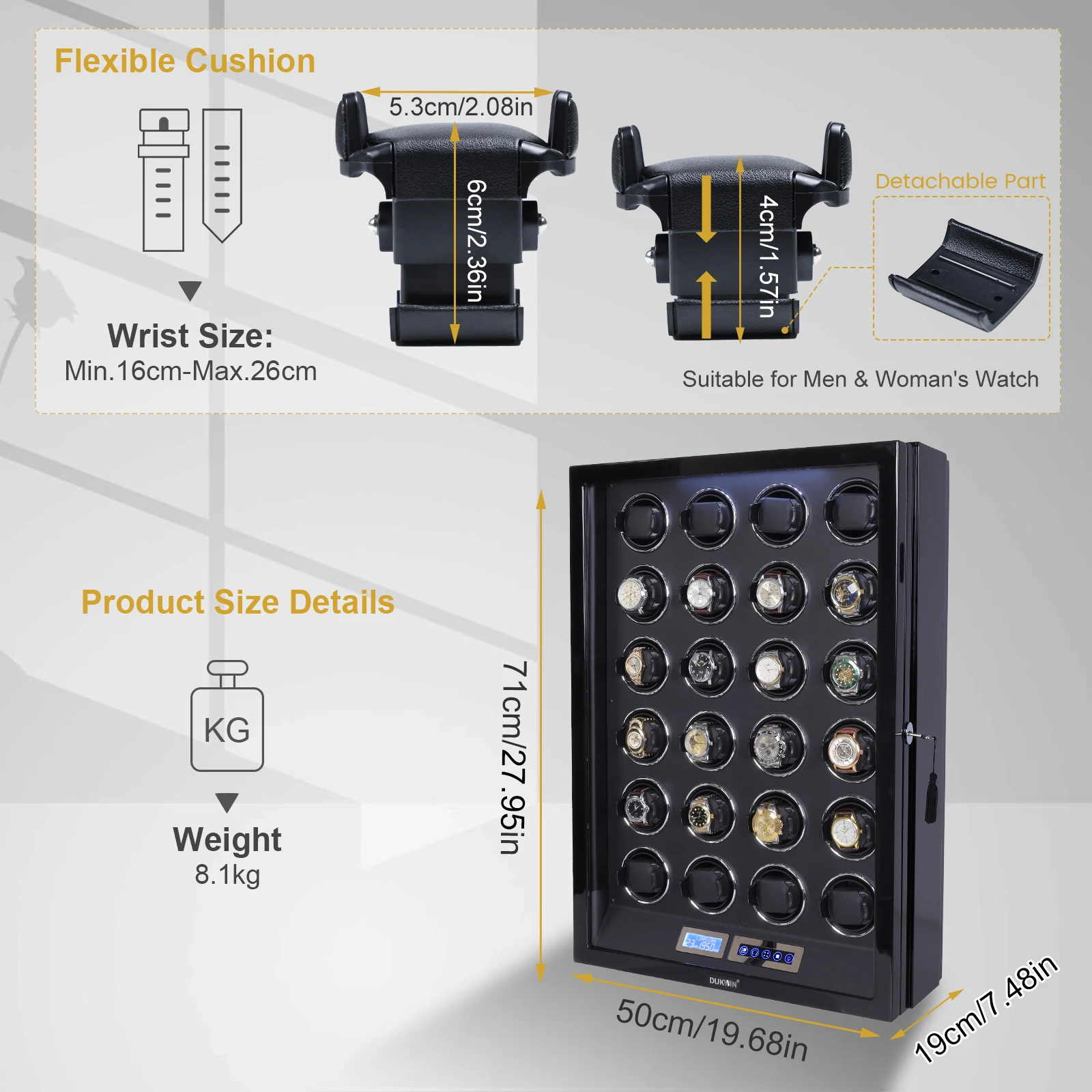 24-Slot Automatic Watch Winder with LCD Touchscreen, Remote Control, Ultra-Quiet Japanese Mabuchi Motors, Piano Finish, Lockable Display Case, LED Lighting, Adjustable TPD & Rotation - 图片 3