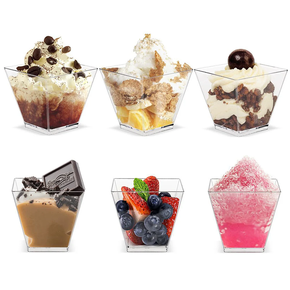 50 Pack 2oz Mini Square Dessert Cups with Spoons – Clear Disposable Plastic Parfait Appetizer Cups for Mousse, Jelly, Ice Cream, Pudding, Tasting Party Supplies 9
