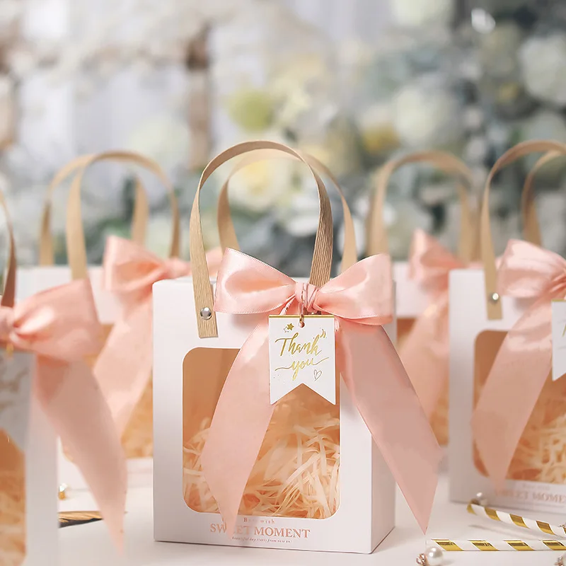 10/20pcs Transparent Window Paper Gift Bags with Handles – Wedding Birthday Party Favor Bags for Guests – Candy, Souvenir, Cookie Packaging Bag with Bowknot, Shredded Paper, Cards Optional