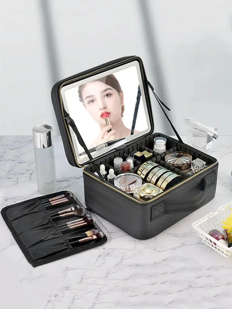 Smart LED Lighted Makeup Case with Mirror – Travel Cosmetic Organizer Bag for Women – Large Capacity, Adjustable Dividers, Touch Sensor, Charging, for Skincare & Beauty