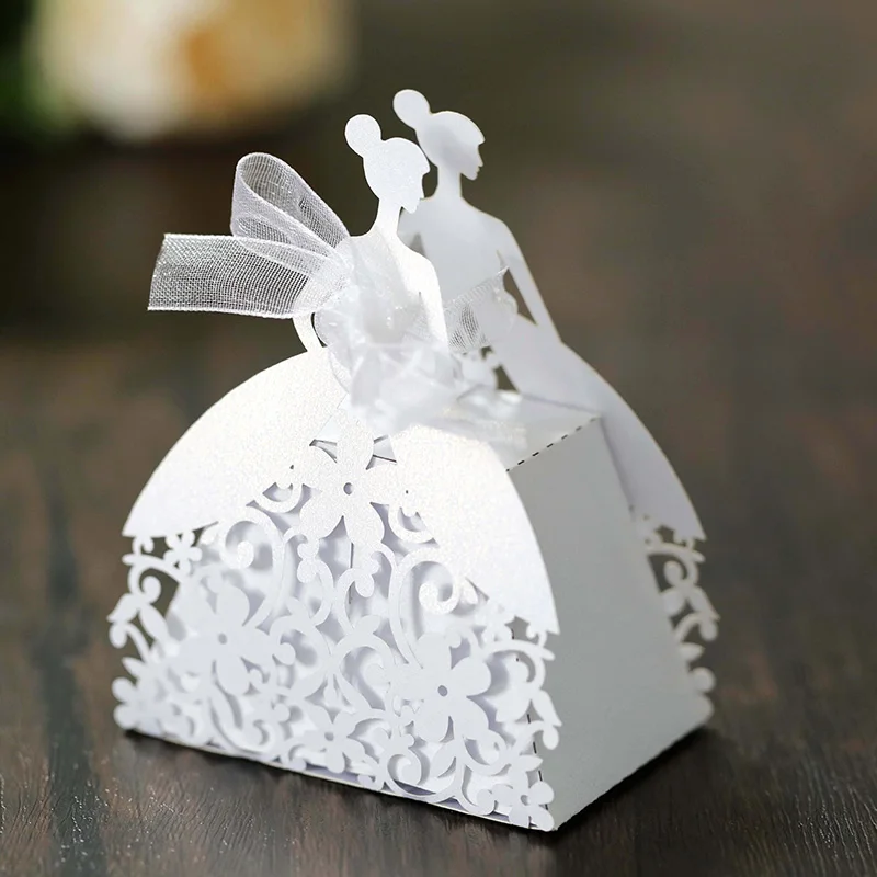 Laser Cut Pearl Paper Gift Boxes with Ribbon – Elegant Candy Chocolate Packaging for Wedding Favors, Engagements, Baby Showers, Birthday Parties, Bridal Showers, and Holiday Celebrations