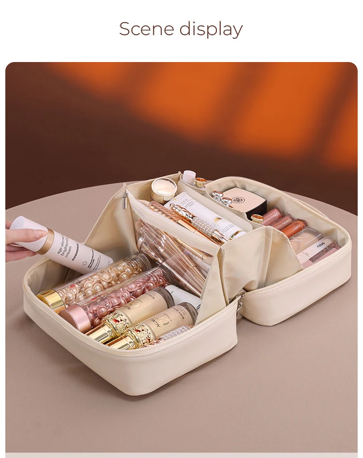 PU Leather Waterproof Cosmetic Bag with Compartments – Large Capacity Makeup Organizer for Travel, Toiletries, Brushes & Skincare – Portable Multifunctional Wash Pouch 7