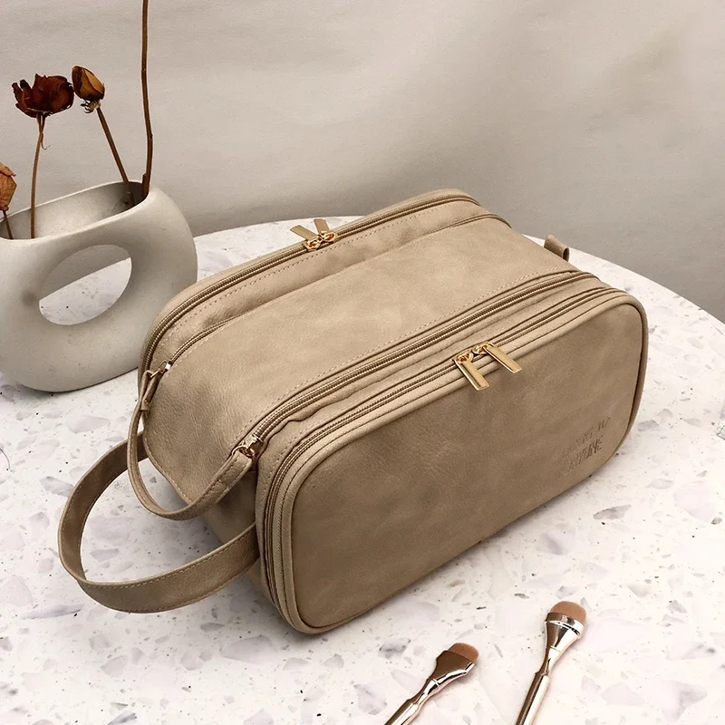 PU Leather Makeup Bag 💄 – Spacious Cosmetic Organizer with Compartments for Travel & Daily Use, Waterproof Toiletry Pouch, Stylish Storage for Skincare & Beauty Tools in Camel, Pink, Black, Houndstooth, White - 图片 4