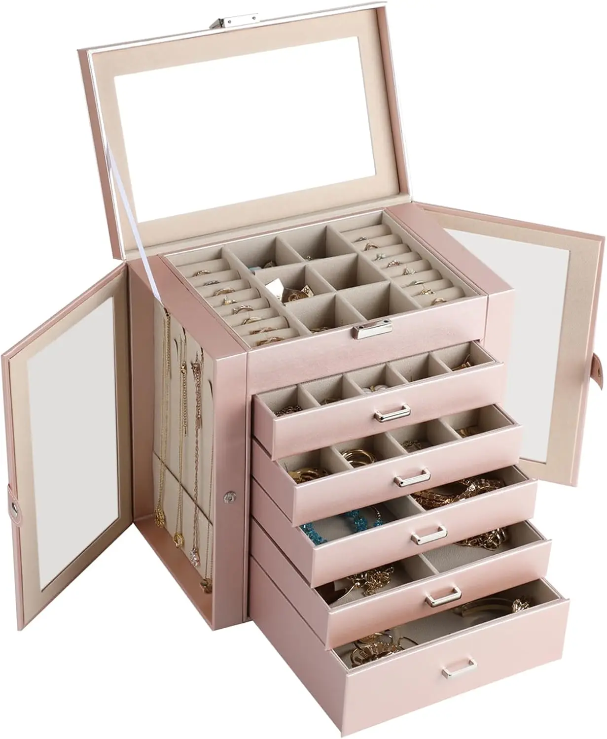 6-Layer Large Jewelry Box with Mirror – Multifunctional Jewelry Organizer with 5 Drawers and 2 Glass Side Doors, Spacious Storage for Necklaces, Rings, Earrings, Watches & More - 图片 11