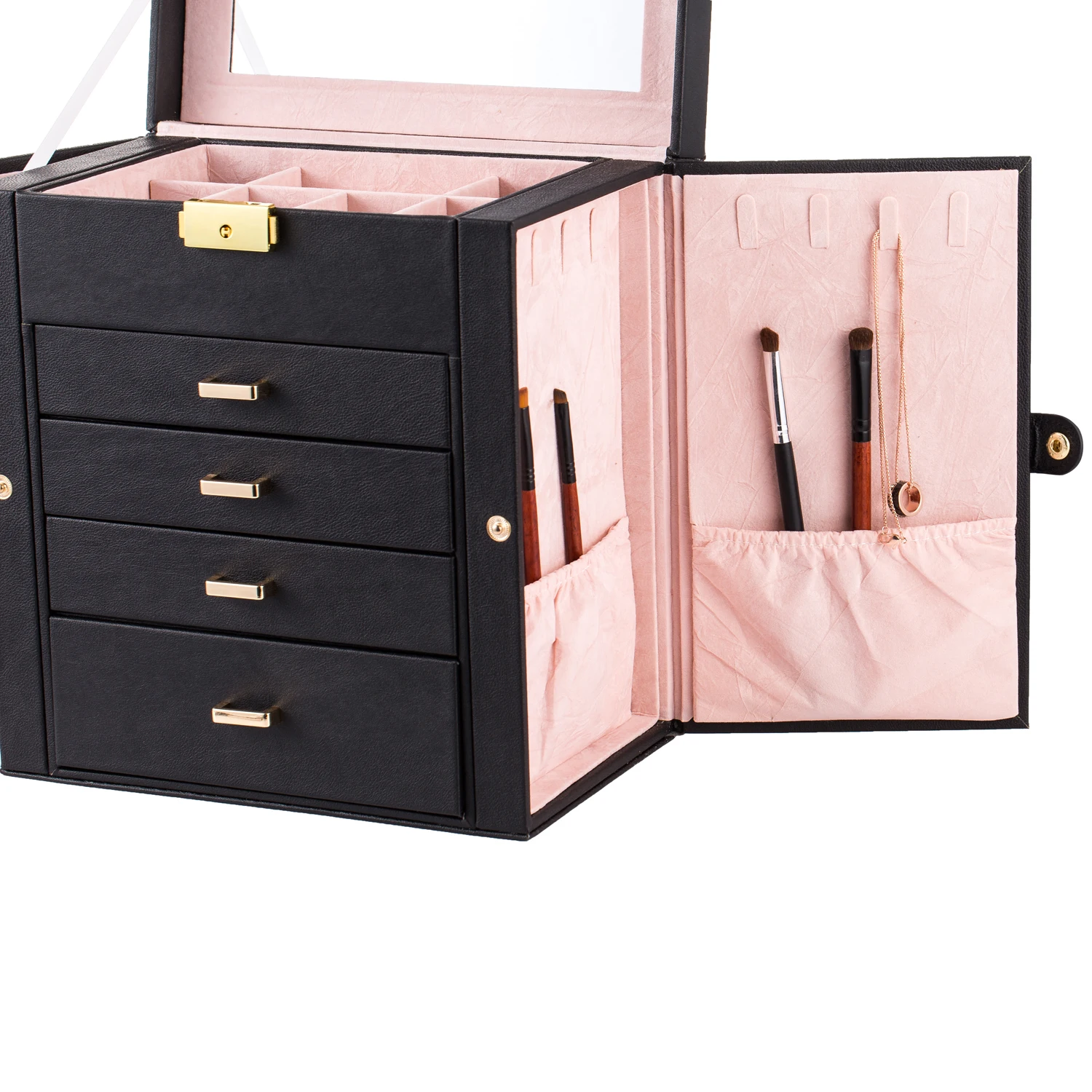 Lockable Synthetic Leather Jewelry Box – Large Capacity Organizer with Mirror for Watches, Rings, Earrings, Necklaces; Elegant Black Case Ideal for Gift or Personal Use, Stylish and Functional. - 图片 4