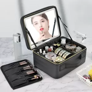 Smart LED Lighted Makeup Case with Mirror – Travel Cosmetic Organizer Bag for Women – Large Capacity, Adjustable Dividers, Touch Sensor, Charging, for Skincare & Beauty
