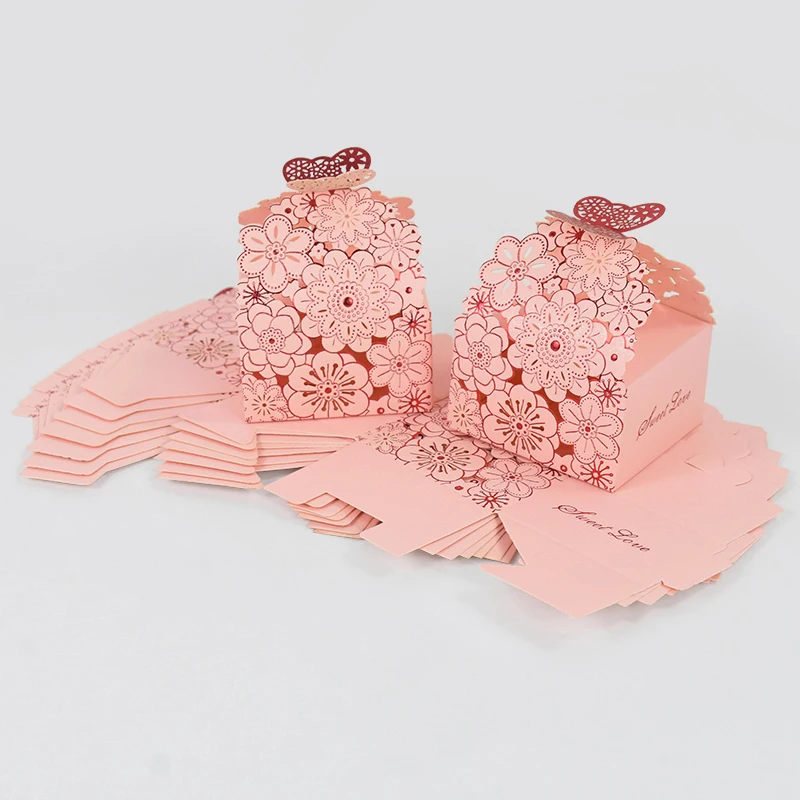 10/20Pcs Pink Butterfly Floral Laser Cut Candy Boxes for Wedding Favors, Birthday Party, Baby Shower – Chocolate Gift Packaging Box for Guests, Foldable Paper Card Box Decorations 13