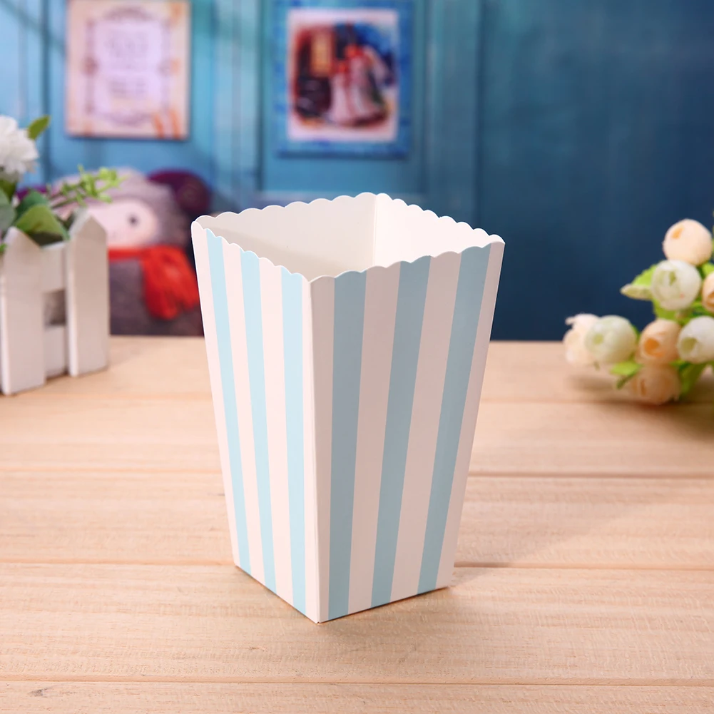 12-Pack Foldable Paper Popcorn Boxes – Colorful Treat Holders for Snacks, Candy, Chips – Party Favor Containers for Birthdays, Movie Nights, Baby Showers – Blue, Green, Pink Striped Design 4