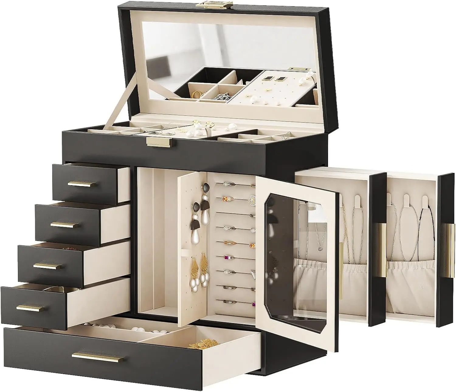 Jewelry Box with Mirror – Large-Capacity Jewelry Organizer Case with Multiple Compartments, Velvet Lining, and Handle for Rings, Necklaces, Earrings, and More – Portable & Elegant Design - 图片 8