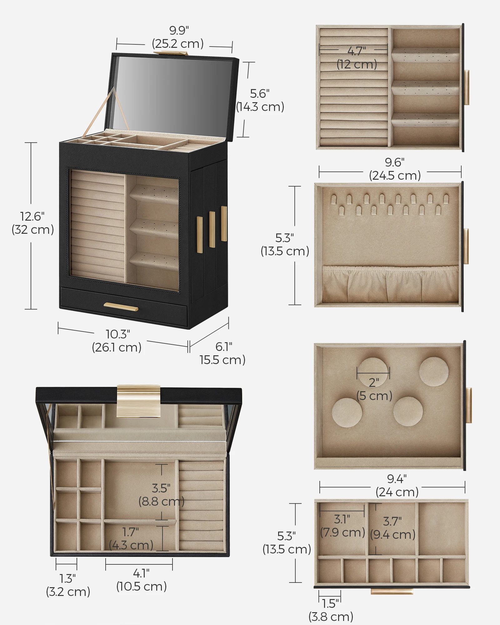 5-Layer Jewelry Organizer Box with Glass Window – Features 3 Side Drawers, Large Mirror, and Ample Storage Space for Rings, Earrings, Necklaces, Bracelets. Modern Design, Ideal for Home or Gift Use. 2