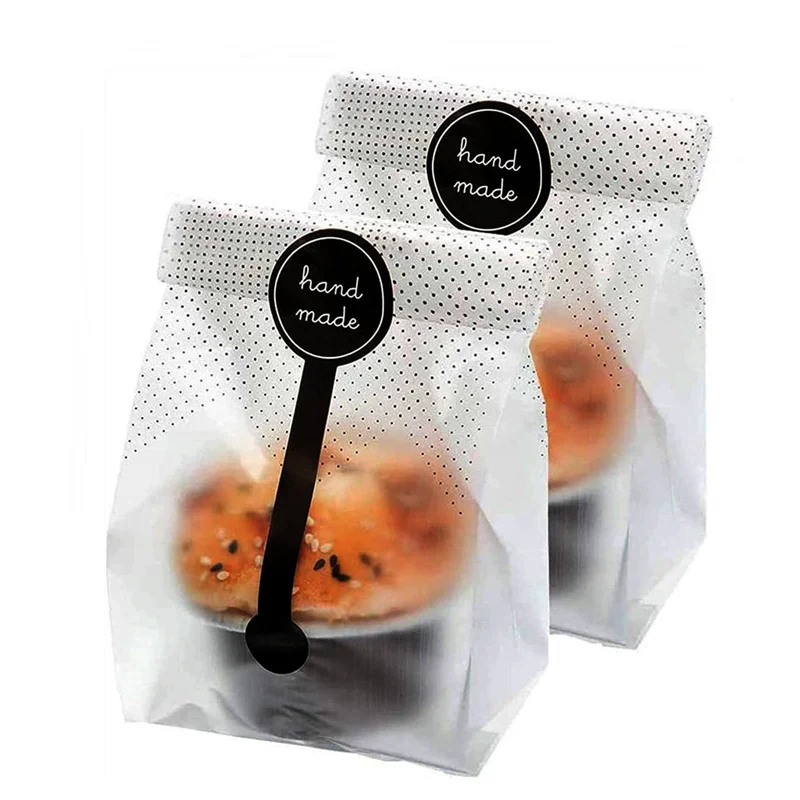 Translucent Resealable Plastic Bakery Bags with “Handmade” Stickers – Clear Gift Treat Bags for Cookies, Candy, Small Crafts – Food Safe Packaging for Parties, Events & Small Business (100pcs)