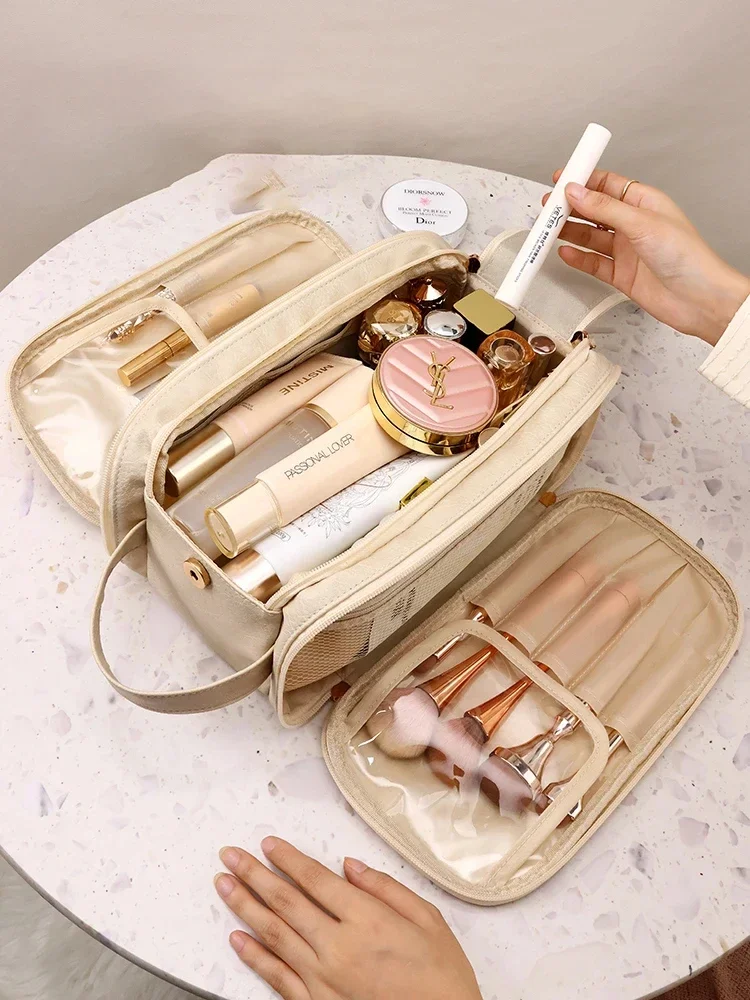 PU Leather Makeup Bag 💄 – Spacious Cosmetic Organizer with Compartments for Travel & Daily Use, Waterproof Toiletry Pouch, Stylish Storage for Skincare & Beauty Tools in Camel, Pink, Black, Houndstooth, White 5