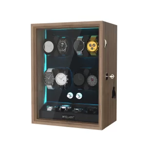 Luxury 8-Watch Automatic Winder with 4 Extra Storage, Aurora Blue LED, Quiet Japanese Motor, 4 Rotation Modes, Lockable Display Case, Flexible Pillows, Wood Grain Finish
